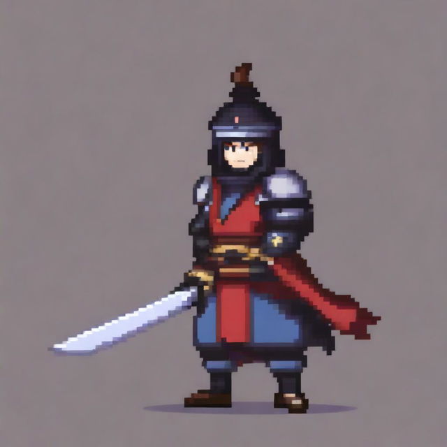 A pixel art character in a fantasy RPG game wielding a sword and dressed as a samurai