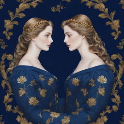 A romantic pattern design in 4k resolution featuring a unisex couple encapsulating the 'Blue Lady' concept. The artistry unfolds on a navy blue background accentuated with striking golden details.