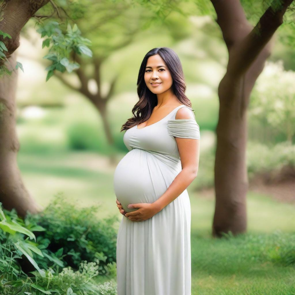 A serene and beautiful image of a pregnant woman standing in a lush garden, with a gentle smile on her face