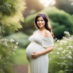 A serene and beautiful image of a pregnant woman standing in a lush garden, with a gentle smile on her face