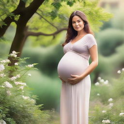 A serene and beautiful image of a pregnant woman standing in a lush garden, with a gentle smile on her face