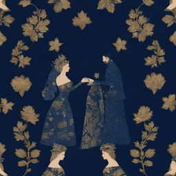 A romantic pattern design in 4k resolution featuring a unisex couple encapsulating the 'Blue Lady' concept. The artistry unfolds on a navy blue background accentuated with striking golden details.