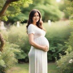 A serene and beautiful image of a pregnant woman standing in a lush garden, with a gentle smile on her face