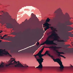 A pixel art image of a samurai with a katana in red tones, standing in a battle pose and looking to the right