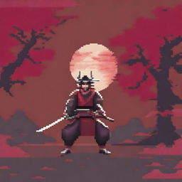 A pixel art image of a samurai with a katana in red tones, standing in a battle pose and looking to the right