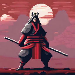 A pixel art image of a samurai with a katana in red tones, standing in a battle pose and looking to the right