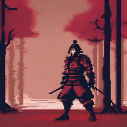 A pixel art image of a samurai with a katana in red tones, standing in a battle pose and looking to the right