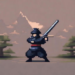 A pixel art image of a samurai in a simple style, holding a katana in a battle pose