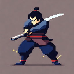 A pixel art image of a samurai in a simple style, holding a katana in a battle pose