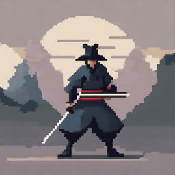 A pixel art image of a samurai in a simple style, holding a katana in a battle pose