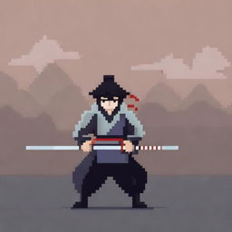 A pixel art image of a samurai in a simple style, holding a katana in a battle pose