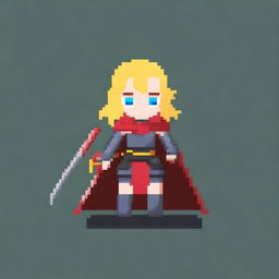 A super simple pixel art image of a girl in dark gray armor with a red cape, holding a katana