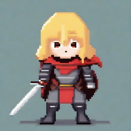 A super simple pixel art image of a girl in dark gray armor with a red cape, holding a katana