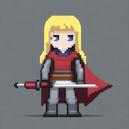 A super simple pixel art image of a girl in dark gray armor with a red cape, holding a katana