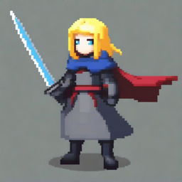 A super simple pixel art image of a girl in dark gray armor with a red cape, holding a katana