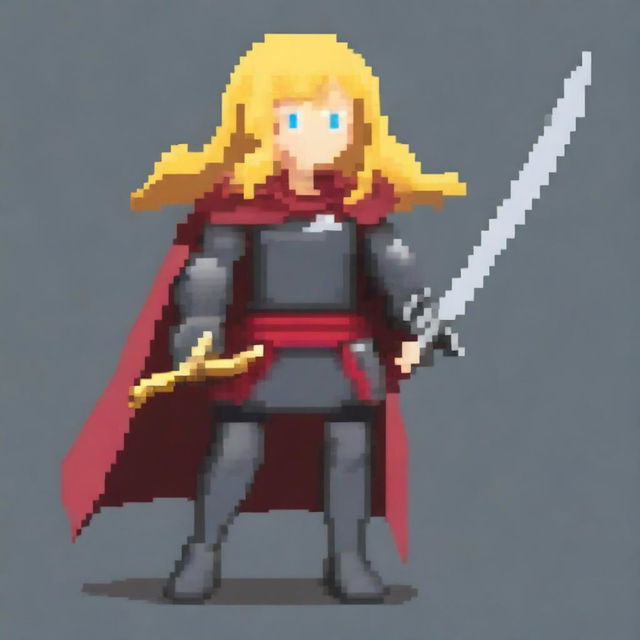 A very simple pixel art image of a girl in dark gray armor with a red cape, holding a katana