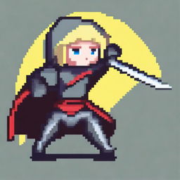 A very simple pixel art image of a girl in dark gray armor with a red cape, holding a katana