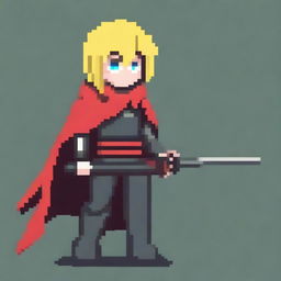 A very simple pixel art image of a girl in dark gray armor with a red cape, holding a katana