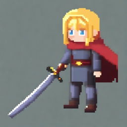 A very simple pixel art image of a girl in dark gray armor with a red cape, holding a katana