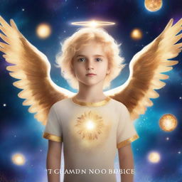 Create a book cover featuring a handsome boy with galaxy-like eyes and golden hair, wearing noble clothes