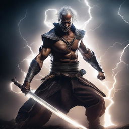 A brutal man wielding a sword with lightning magic crackling around him