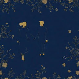 A 4k resolution romantic pattern design featuring the outline of a unisex couple inspired by the 'Blue Lady' concept. Presented against a navy blue background, accentuated with eloquent golden details.