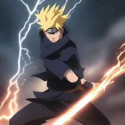 An anime-style depiction of a brutal man wielding a sword with lightning magic crackling around him