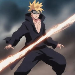 An anime-style depiction of a brutal man wielding a sword with lightning magic crackling around him