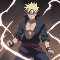 An anime-style depiction of a brutal man wielding a sword with lightning magic crackling around him