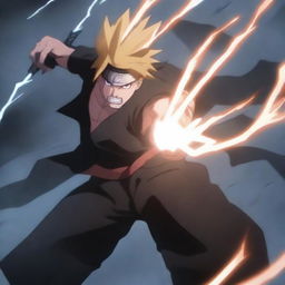 An anime-style depiction of a brutal man wielding a sword with lightning magic crackling around him