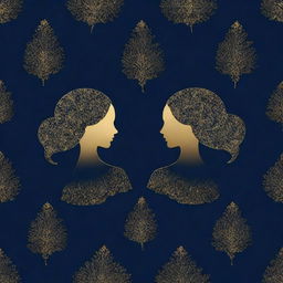 A romantic pattern design portraying the outline of a unisex couple in the 'Blue Lady' concept. With a navy blue background heavily contrasted with golden details, this 4k resolution image exudes elegance.