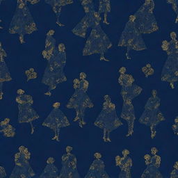 A romantic pattern design portraying the outline of a unisex couple in the 'Blue Lady' concept. With a navy blue background heavily contrasted with golden details, this 4k resolution image exudes elegance.