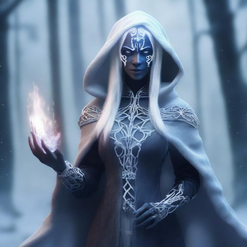 A female Drow elf Warlock with skeletal hands, surrounded by a frosty aura