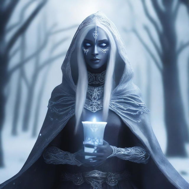 A female Drow elf Warlock with skeletal hands, surrounded by a frosty aura