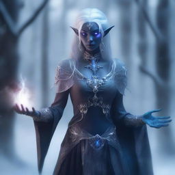 A female Drow elf Warlock with skeletal hands, surrounded by a frosty aura