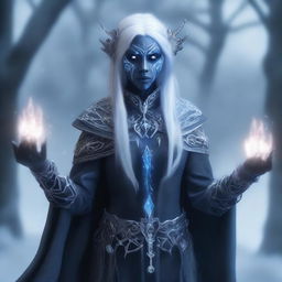 A female Drow elf Warlock with skeletal hands, surrounded by a frosty aura