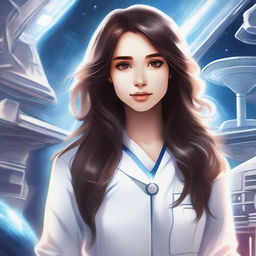 Create a high-quality artistic drawing of a girl with long, dark, wavy hair, wearing white hospital clothes