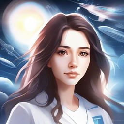 Create a high-quality artistic drawing of a girl with long, dark, wavy hair, wearing white hospital clothes