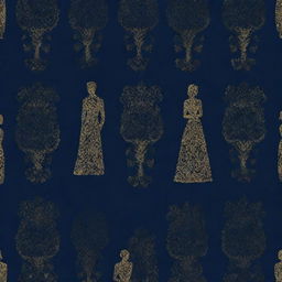 A romantic pattern design portraying the outline of a unisex couple in the 'Blue Lady' concept. With a navy blue background heavily contrasted with golden details, this 4k resolution image exudes elegance.