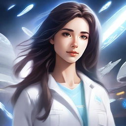 Create a high-quality artistic drawing of a girl with long, dark, wavy hair, wearing white hospital clothes