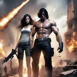 Create an image of a girl with long, dark, wavy hair standing next to a tall, very muscular white boy