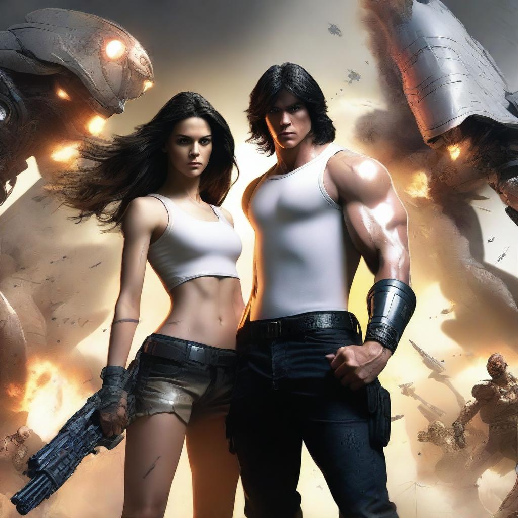 Create an image of a girl with long, dark, wavy hair standing next to a tall, very muscular white boy