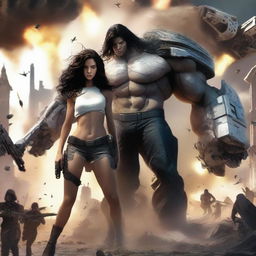 Create an image of a girl with long, dark, wavy hair standing next to a tall, very muscular white boy