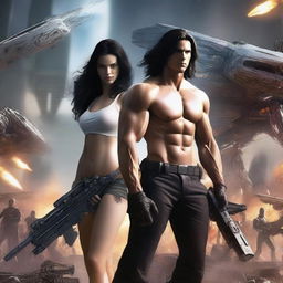 Create an image of a girl with long, dark, wavy hair standing next to a tall, very muscular white boy