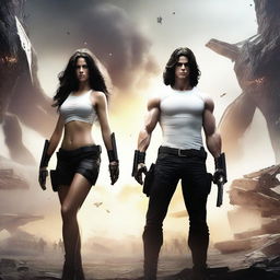 Create an image of a girl with long, dark, wavy hair standing next to a tall, very muscular white boy