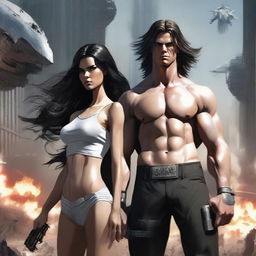 Create an image of a girl with long, dark, wavy hair standing next to a tall, very muscular white boy