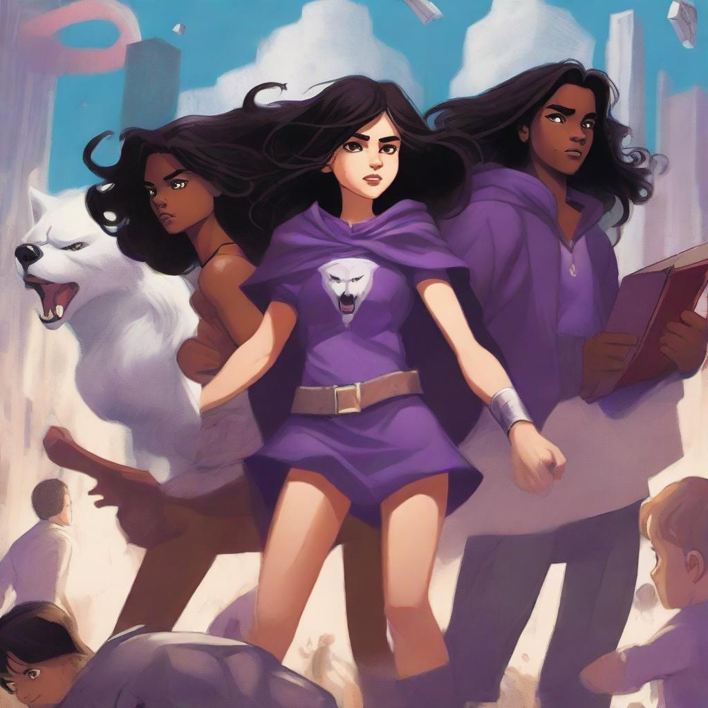 A dynamic book cover illustration featuring a girl with long, dark, wavy hair, standing next to a tall, very muscular white boy