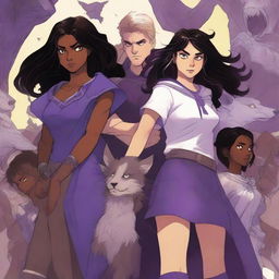 A dynamic book cover illustration featuring a girl with long, dark, wavy hair, standing next to a tall, very muscular white boy