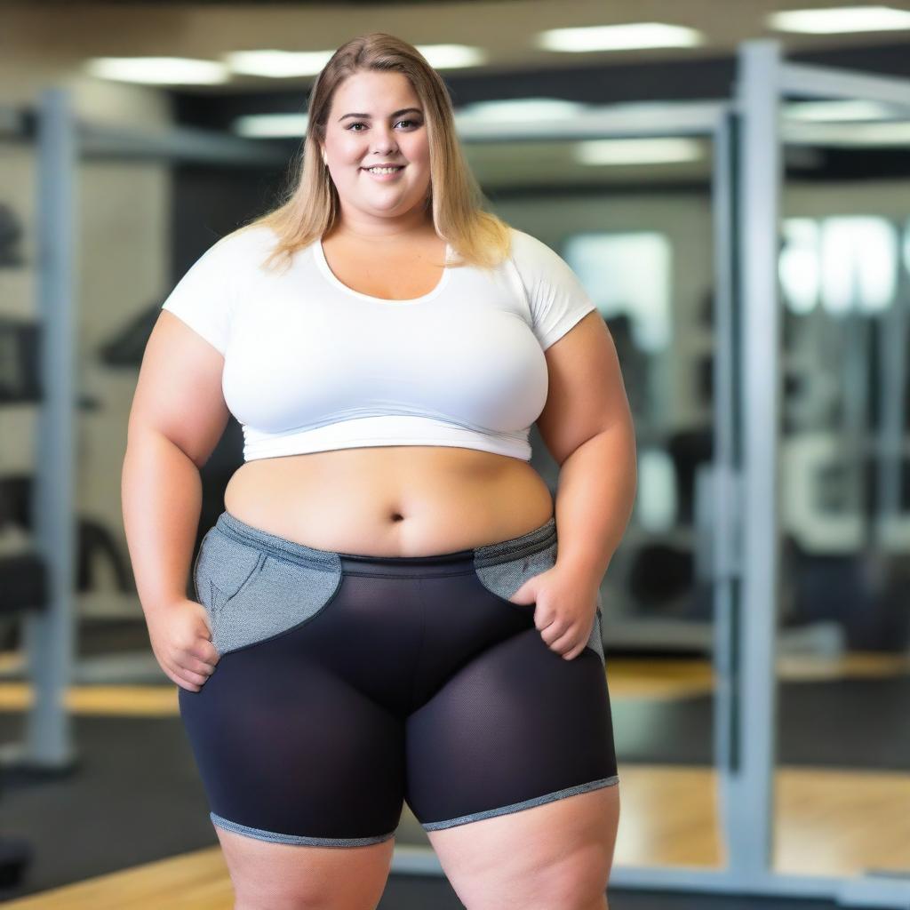 A young, obese female wearing a white crop top and gym shorts