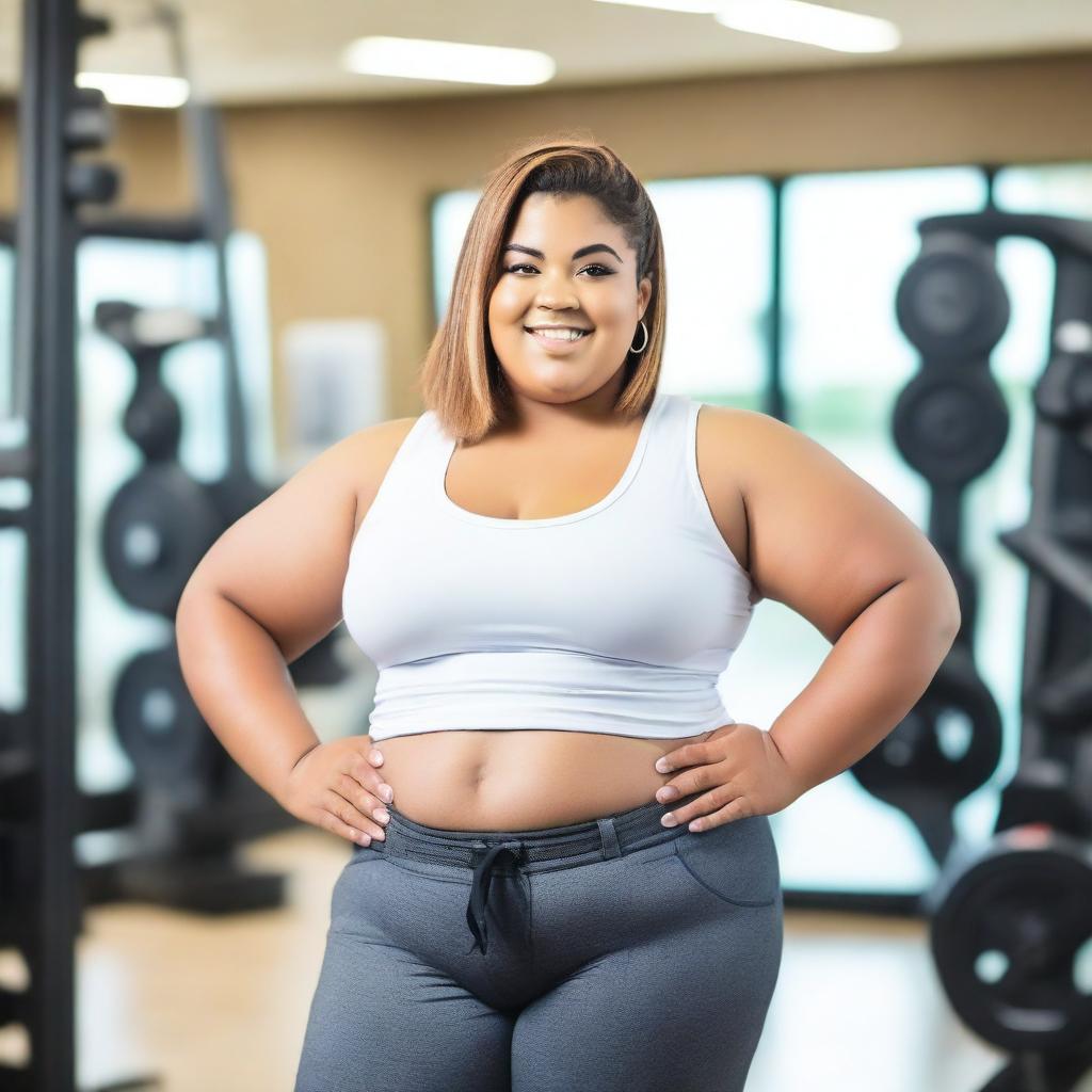 A young, obese female wearing a white crop top and gym shorts